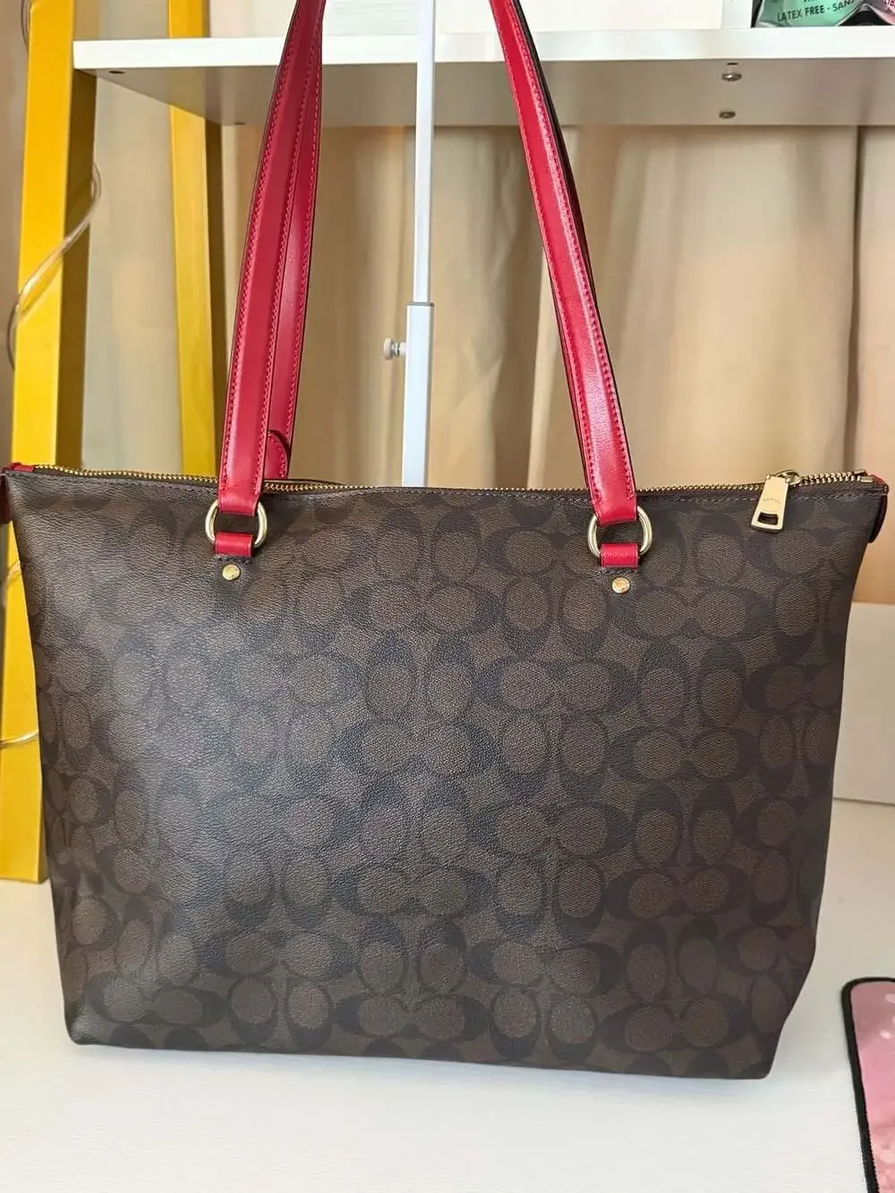 Coach Gallery Tote in Signature Canvas with Red Leather Trim